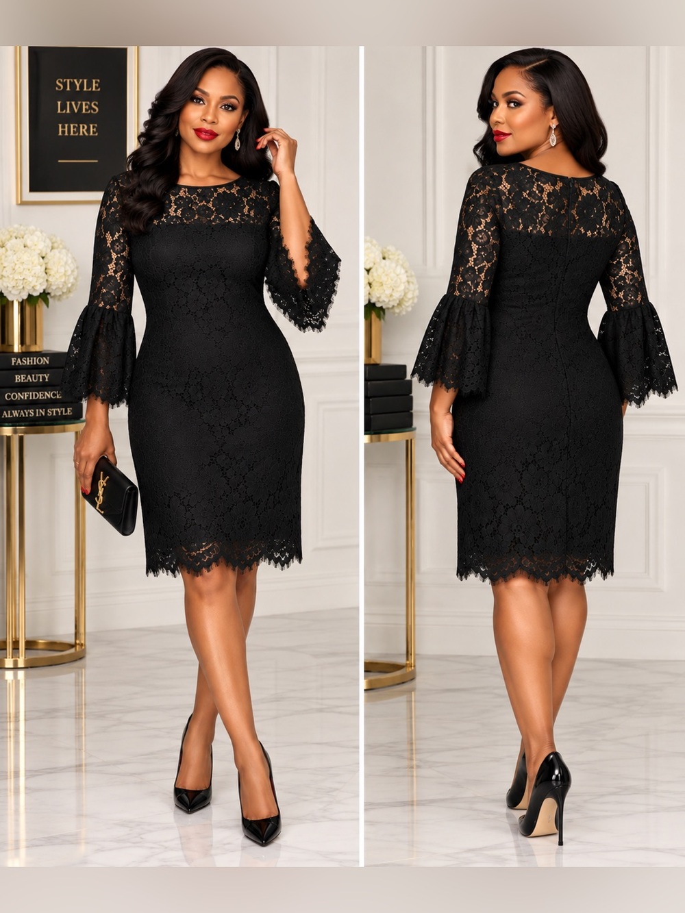 Ralph Lauren Black Lace Sheath Dress with Bell Sleeves